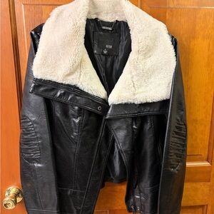 a.n.a Black Leather Jacket with Cream Fur Collar
